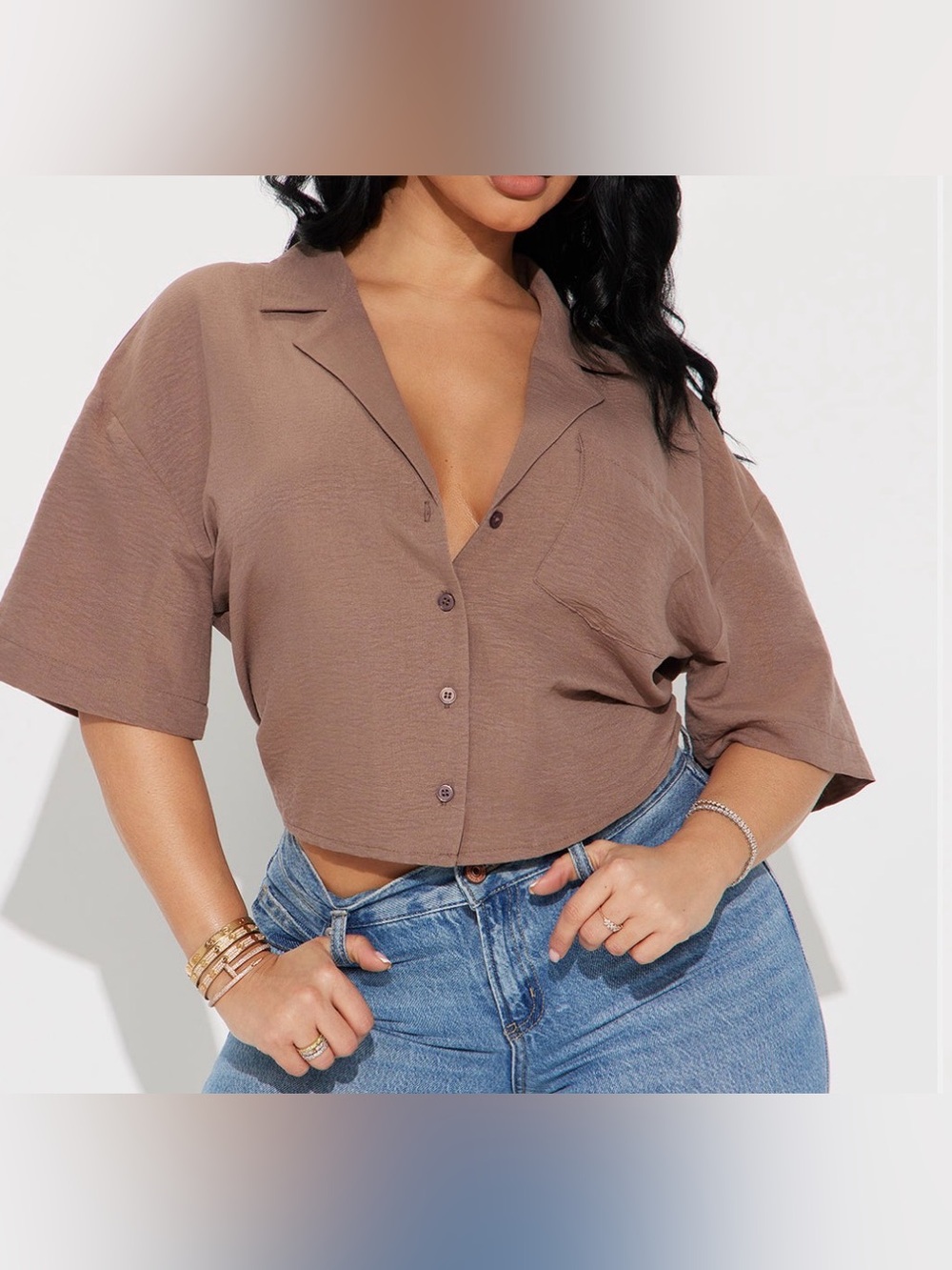 Fashion Nova Women's Cropped Button-Front Top - Brown